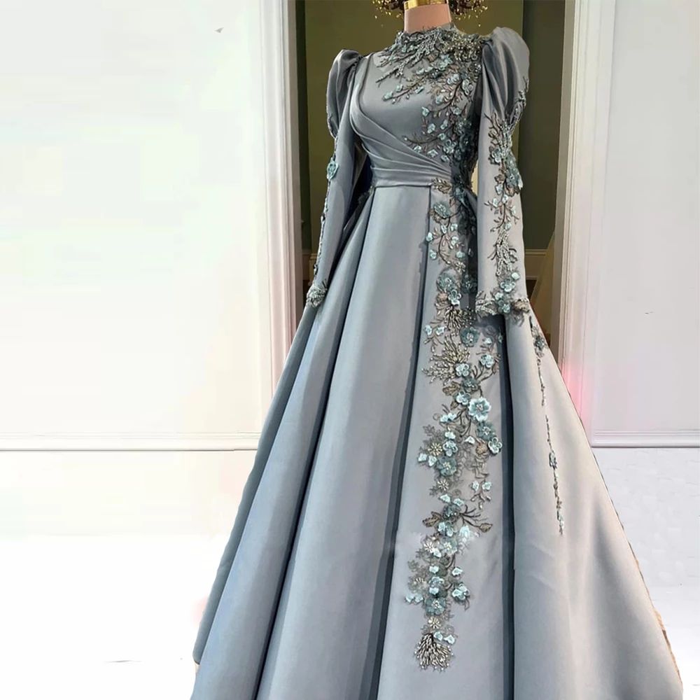 2024 Sexy Evening Dresses Wear High Neck Muslim Long Sleeves Gray Lace Appliques Flowers Crystal Ball Gown Satin Prom Dress Party Pageant Formal Gowns