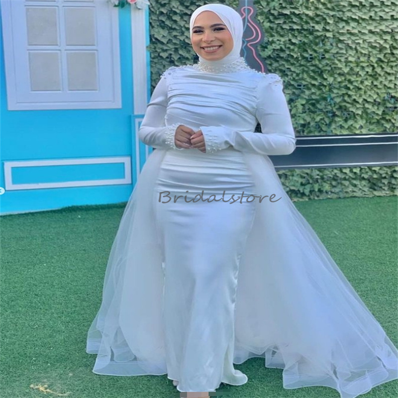 Saudi Arabic Mermaid Wedding Dress With Overskirt High Neck Muslim Dubai Pearls Bridal Gowns Long Sleeve Country Turkey Bride Rustic Islamic Robe De M