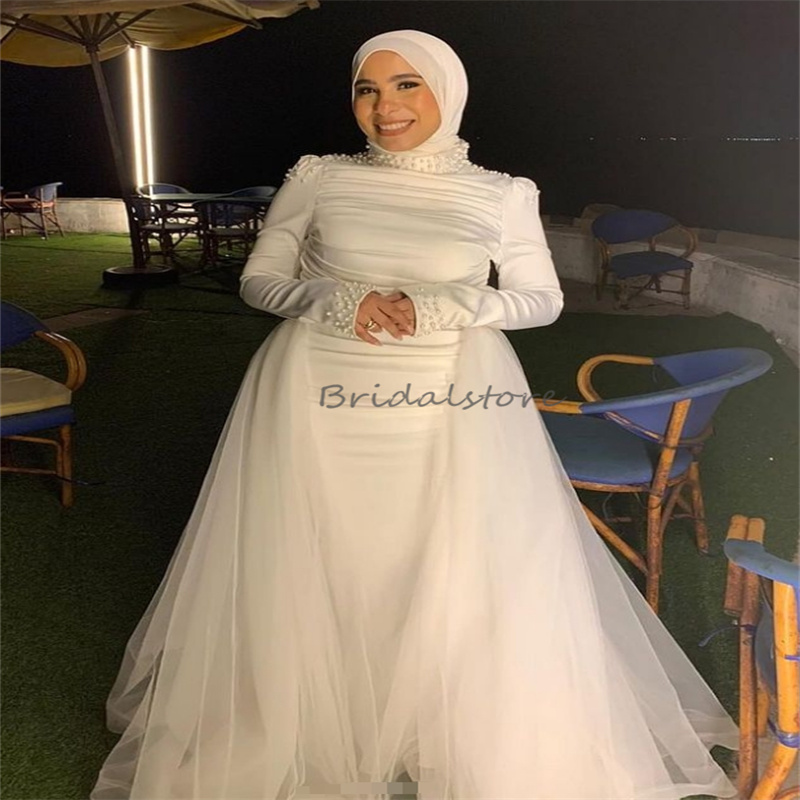 Saudi Arabic Mermaid Wedding Dress With Overskirt High Neck Muslim Dubai Pearls Bridal Gowns Long Sleeve Country Turkey Bride Rustic Islamic Robe De M