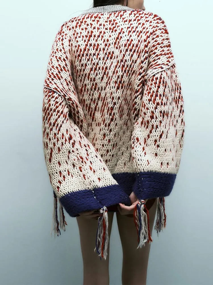 Fashion Contrasting Women Knitted Cardigan Loose Single Breasted V-neck Tassels Sweater Autumn Female Warm Chic Knitwear 240131