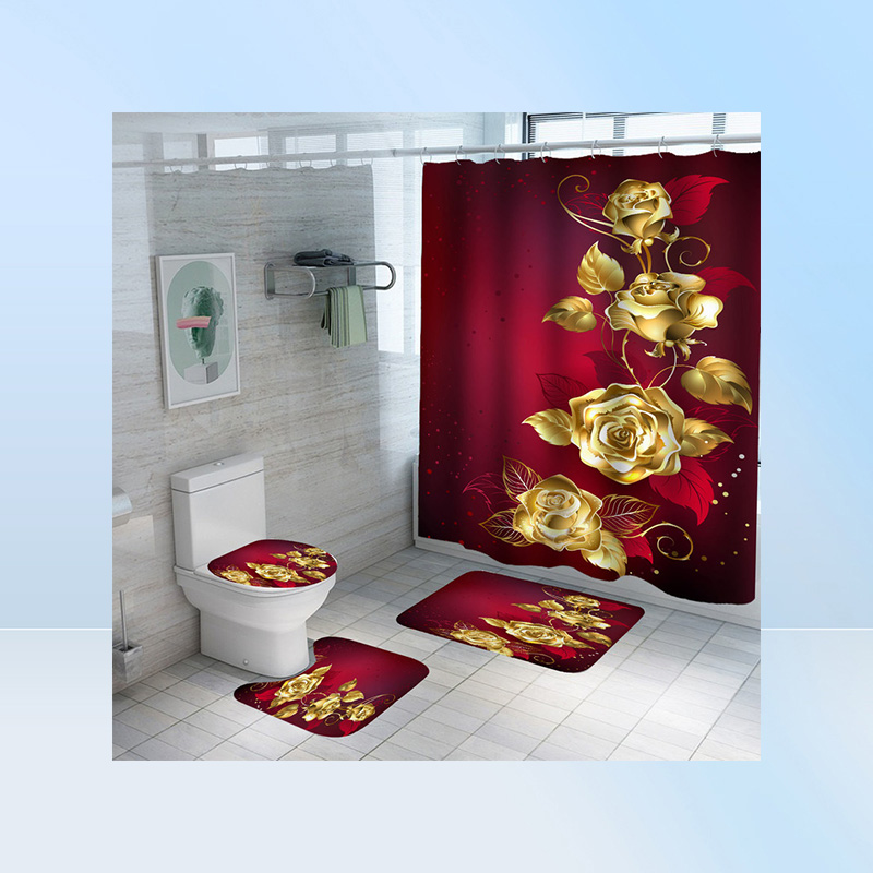 Shiny Blue Golden Rose Waterproof Shower Curtain Set Toilet Cover Mat Nonslip Bath Rugs Bathroom Valentine039s Day Christmas De6501948