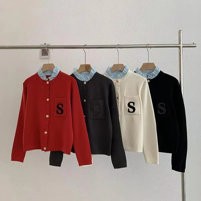 S letter embroidered knitted womens sweater cardigan Y2K detachable ruffle collar womens Sandros sweater jacket 240131
