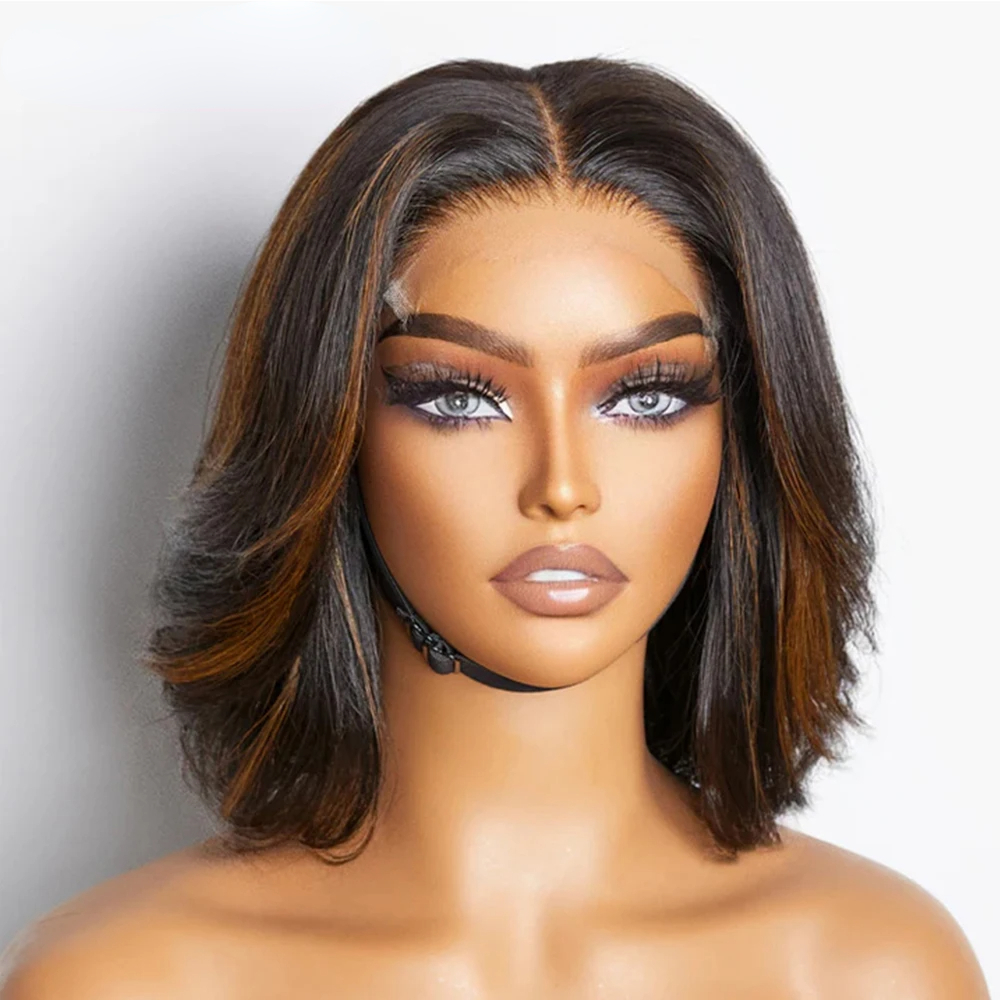 250 Density Peruvian Soft Hair Blonde Highlight Full Short Lace Front Glueless Bob Wig for Black Women HD Lace Stacked Wig 13x4 Lace Frontal Wig Prepl