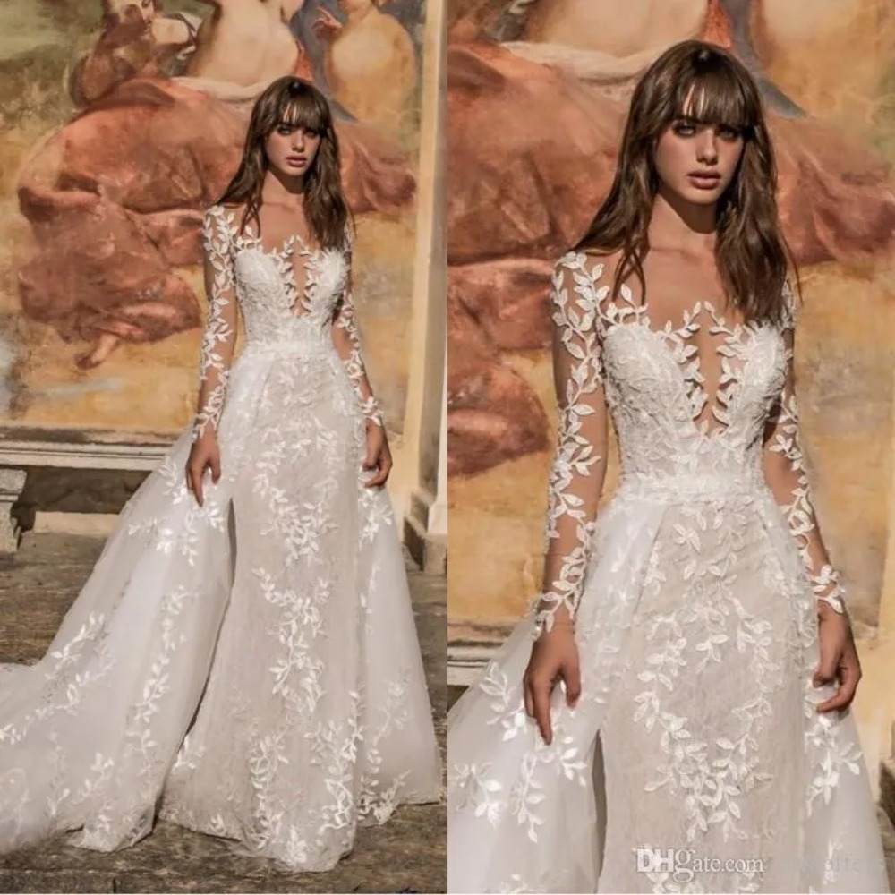 Stunningbride 2024 Long Sleeves Mermaid Wedding Dresses With Detachable Illusion Sweep Train Bohemian Lace Applique Plus Size Bridal Gowns