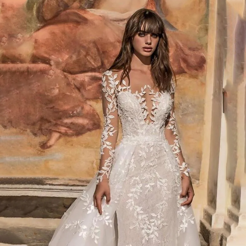 Stunningbride 2024 Long Sleeves Mermaid Wedding Dresses With Detachable Illusion Sweep Train Bohemian Lace Applique Plus Size Bridal Gowns