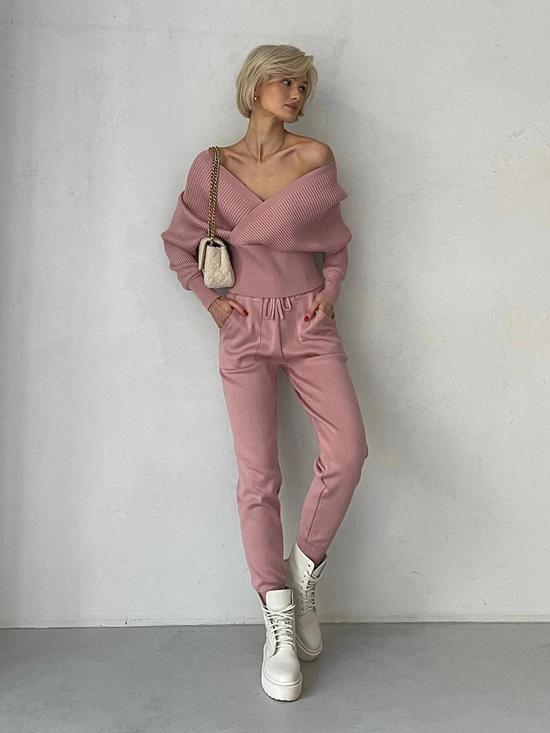 Sexy Off Shoulder Knitted Two Piece Set Women Long Sleeve Sport Tracksuit 2 Piece Sweater Pants Suits Matching Sets For Women 240131