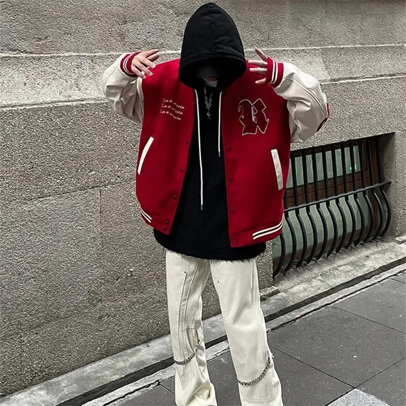 Hip Hop Baseball Bomber Jacket Men Loose Unisex College Letter Embroidery Vintage Varsity Patchwork Coat Streetwear Spring 240126