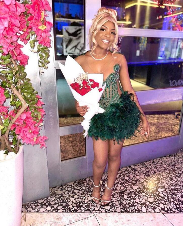 Emerald Green Short Prom Homecoming Dresses for Women Sparkly Diamond Crystal Feather Birthday Gown vestidos de graduacion evening