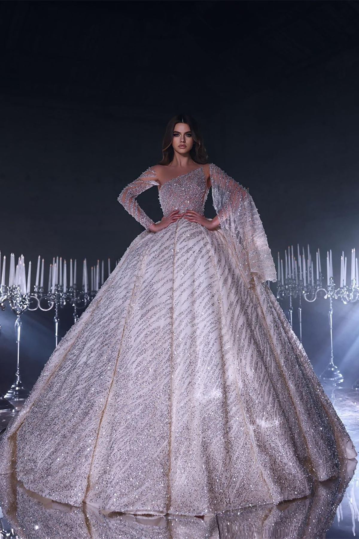 Vintage Ball Gown Wedding Dresses Design Collar Shining Sequins Beads Long Sleeves Custom Made Sweep Train Bridal Gown Plus Size Vestidos De Novia