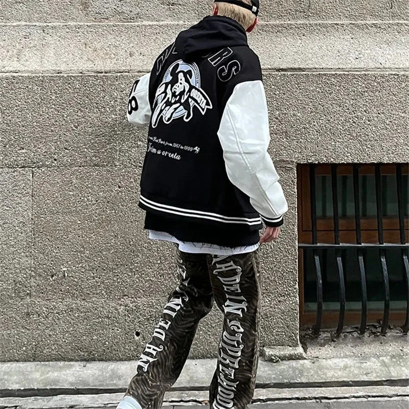 Hip Hop Baseball Bomber Jacket Men Loose Unisex College Letter Embroidery Vintage Varsity Patchwork Coat Streetwear Spring 240126