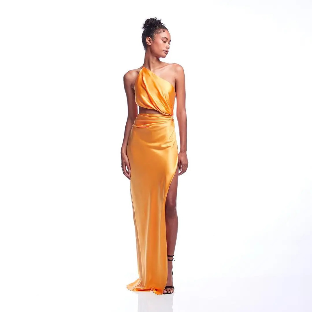 Purple Orange Color Women Shinnign Satin One Shoulder Bodycon Long Dress Fashion Celebrate Cocktail Party Dress Wholesale 240126