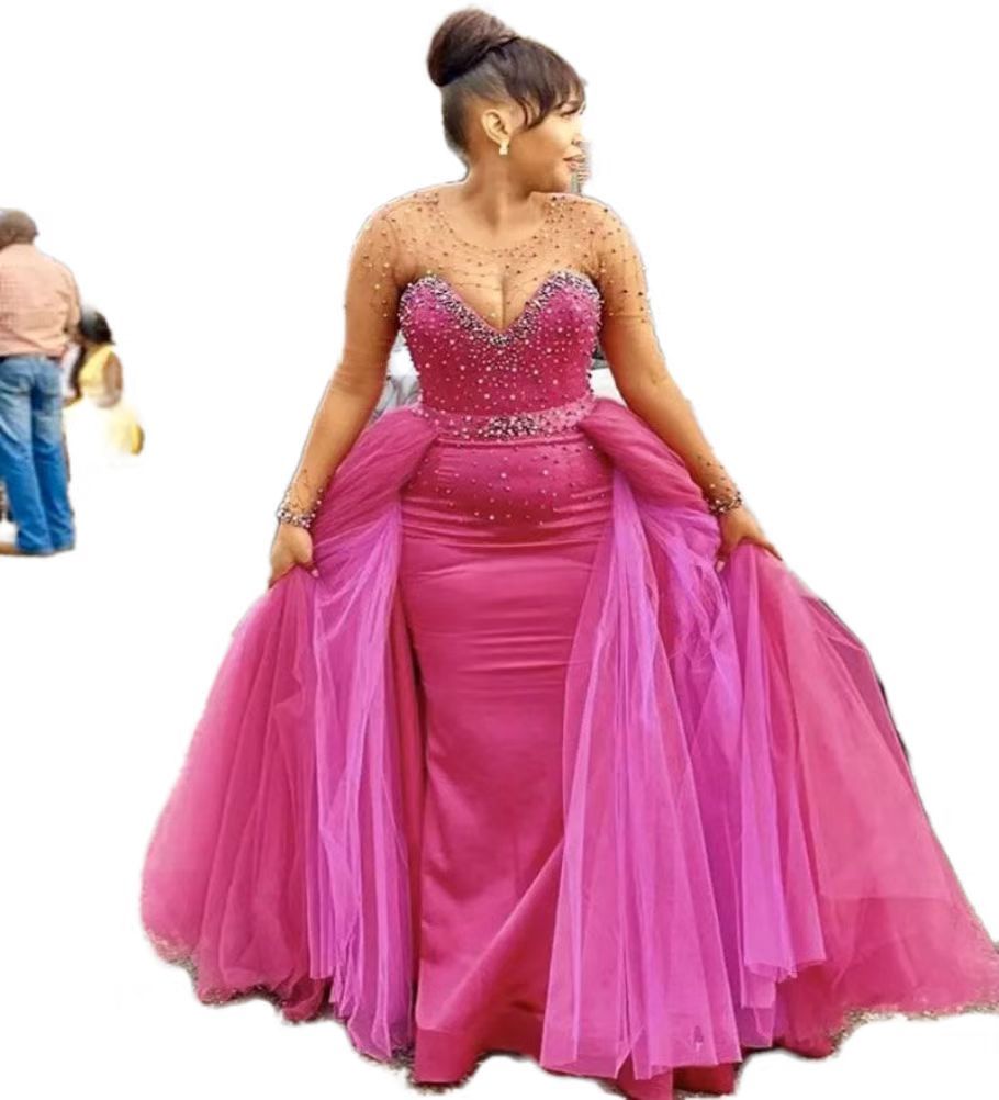 2024 Sexy Prom Dresses Fuchsia Mermaid Jewel Neck Crystal Beads Long Sleeves Sheer Illusion Overskirts African Plus Size Floor Length Evening Gowns 05