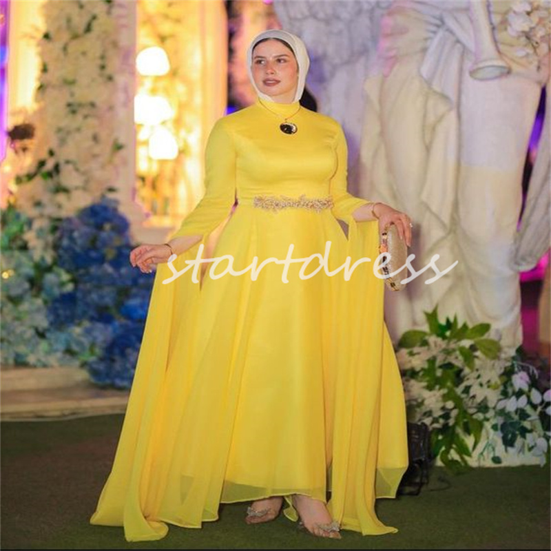 Moroccan Yellow Muslim Evening Dress 2024 Kaftan Dubai Abaya Saudi Prom Dresses With Beaded Long Sleeve Ceremony Formal Party Robe Mariee Elegant Vest