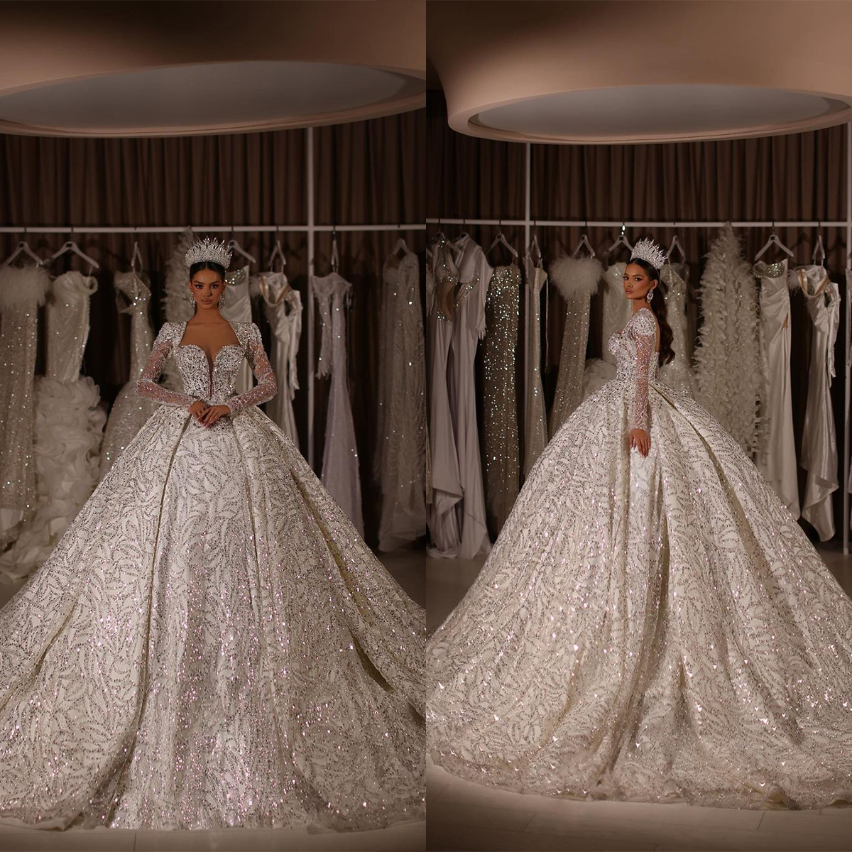 Beaded Wedding Crystal Sequins Deep V Neck Bridal Ball Gowns Princess Long Sleeve Bride Dresses Custom Made Plus Size