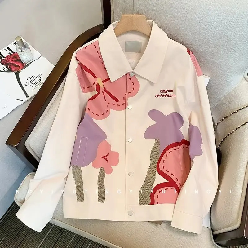 Mens Vintage Denim Jacket Loose Floral Pattern Cowboy Jackets Jeans Harajuku Hip Hop Bomber Jacket Casual Coat Cotton White 240126