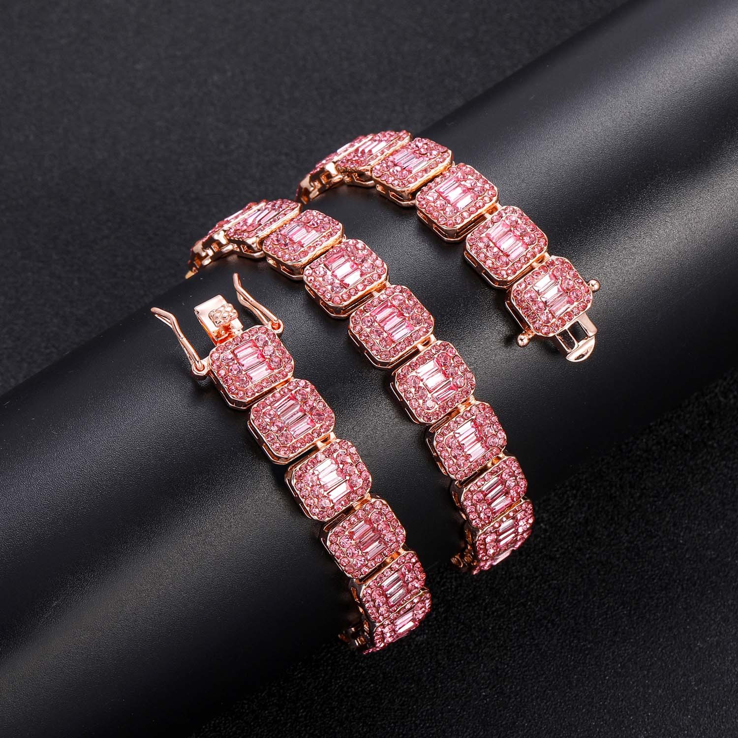 Chains 13mm Iced Out Baguette Pink Tennis Chain Necklace Bracelet For Women Men Paved Bg Square Crystal k Necklaces Hip Hop Jewelry Gift