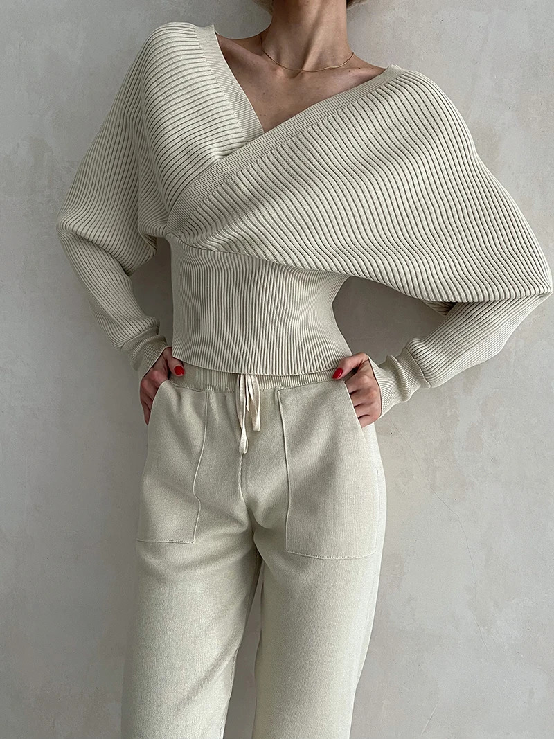 Sexy Off Shoulder Knitted Two Piece Set Women Long Sleeve Sport Tracksuit 2 Piece Sweater Pants Suits Matching Sets For Women 240131