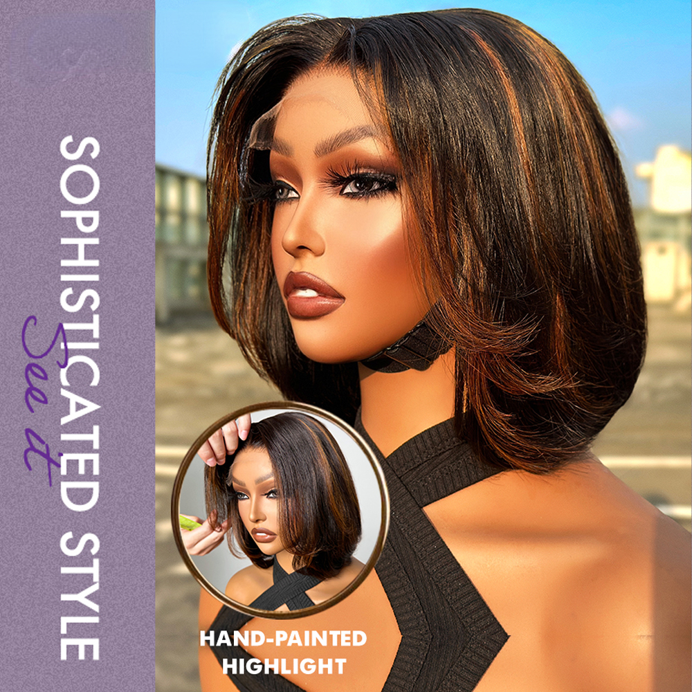 250 Density Peruvian Soft Hair Blonde Highlight Full Short Lace Front Glueless Bob Wig for Black Women HD Lace Stacked Wig 13x4 Lace Frontal Wig Prepl