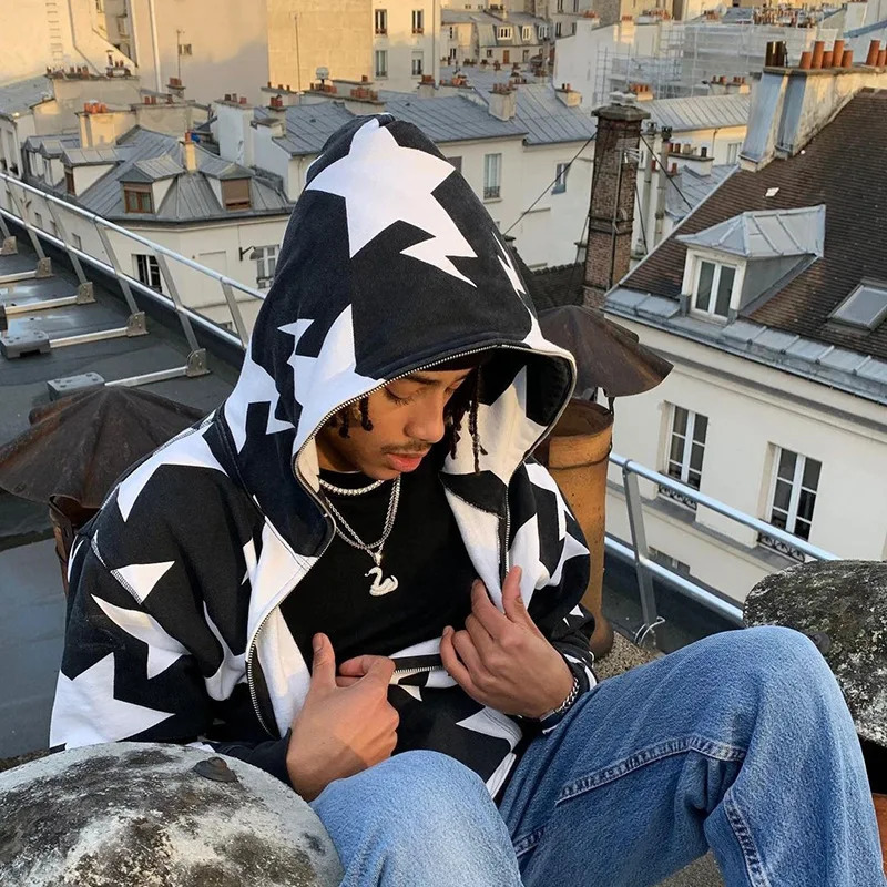 Y2K Streetwear Zip Up Hoodie Mens Hip Hop Star Print Hooded Sweatshirt Harajuku Oversized Punk Long Sleeve Jacket Coat 240131