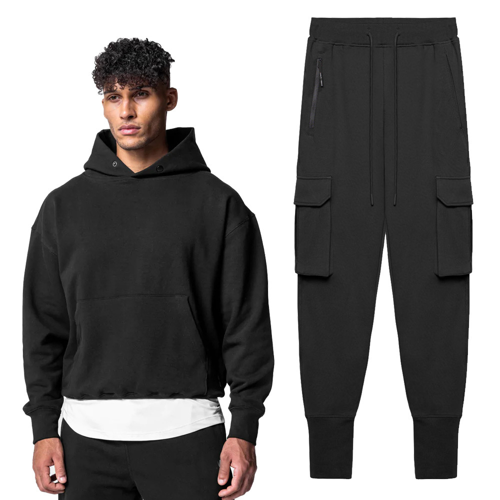 Mens Yoga Hooded + Sweatpant Outfit Sports Two-Piece Set Solid Color Sweater Sports Pants With Pockets Outwear 320