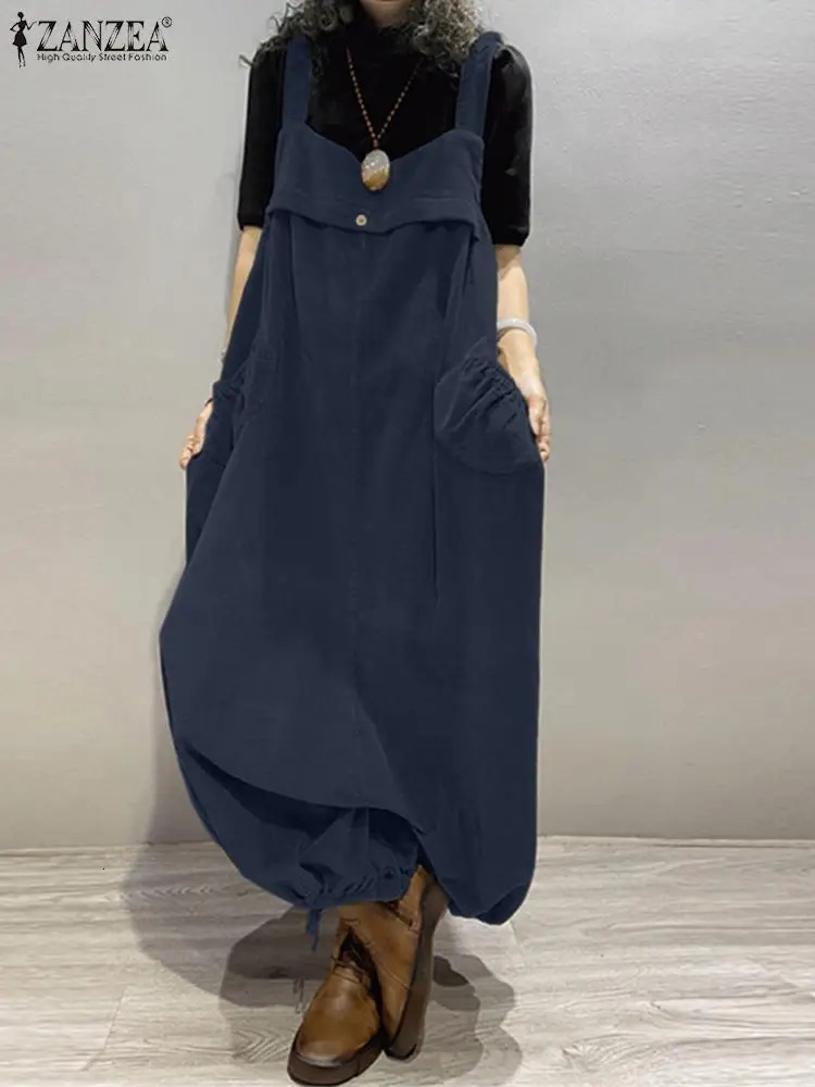 ZANZEA Women Corduroy Rompers Autumn Vintage Jumpsuits Overalls Fashion Loose Wide Leg Pants Casual Drop-Crotch Long Trousers 240129