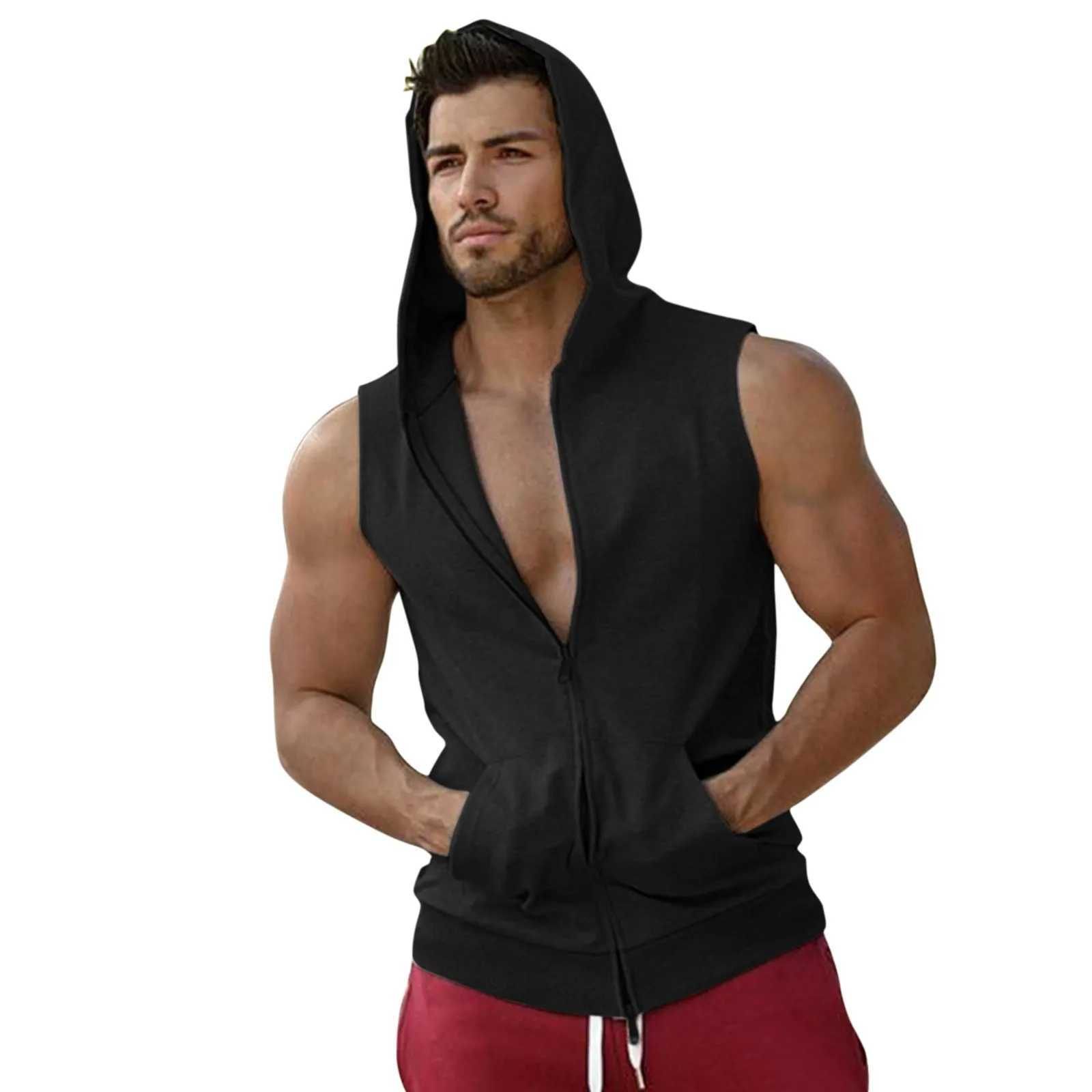 Men's Tank Tops Mens Casual Fitness Hooded Double Zipper Tank Tops Bodybuilding Gym Clothing Men Fitness Muscle Sleeveless Vest Top Ropa Hombre Y