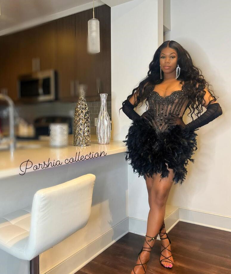 Sparkly Mini Cocktail Evening Dresses for Black Girl Luxury Diamond Crystal Ostrich Feather Birthday Prom Gown Gala