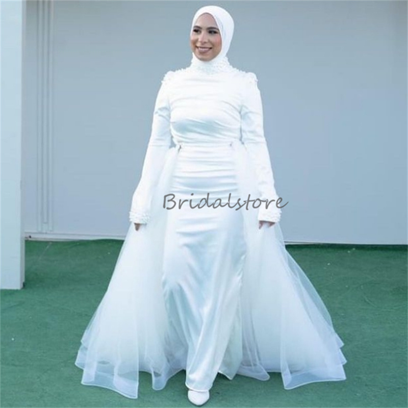 Saudi Arabic Mermaid Wedding Dress With Overskirt High Neck Muslim Dubai Pearls Bridal Gowns Long Sleeve Country Turkey Bride Rustic Islamic Robe De M