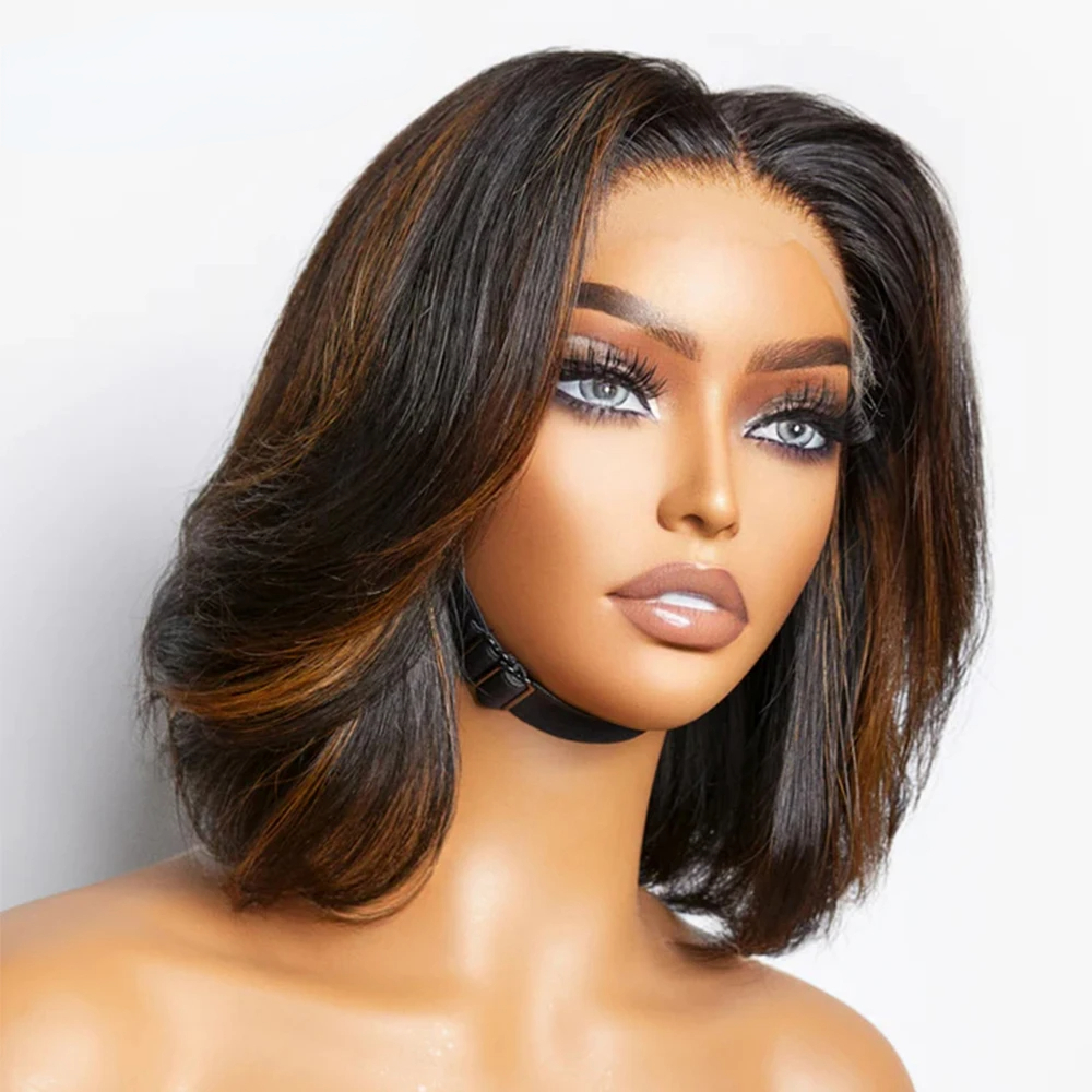250 Density Peruvian Soft Hair Blonde Highlight Full Short Lace Front Glueless Bob Wig for Black Women HD Lace Stacked Wig 13x4 Lace Frontal Wig Prepl