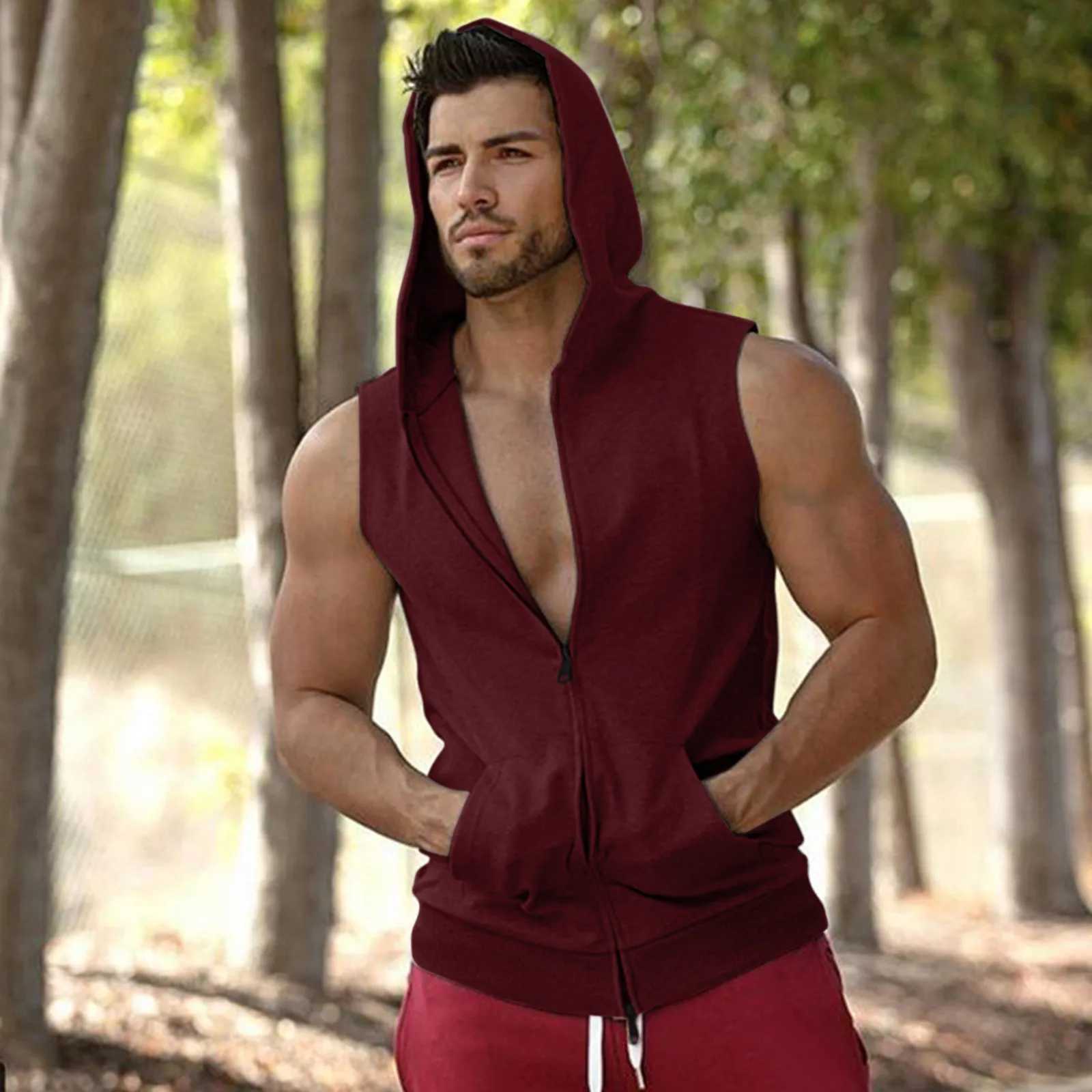Men's Tank Tops Mens Casual Fitness Hooded Double Zipper Tank Tops Bodybuilding Gym Clothing Men Fitness Muscle Sleeveless Vest Top Ropa Hombre Y