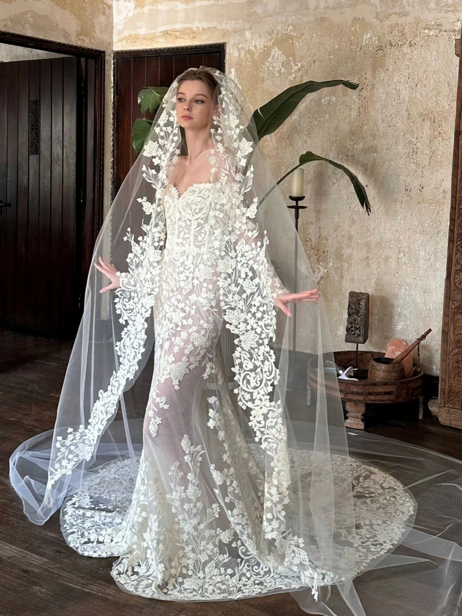 vintage dresses long sleeves off shoulder deep plunging neckline bridal gowns sweep train lace wedding custom mermaid wed dress for bride