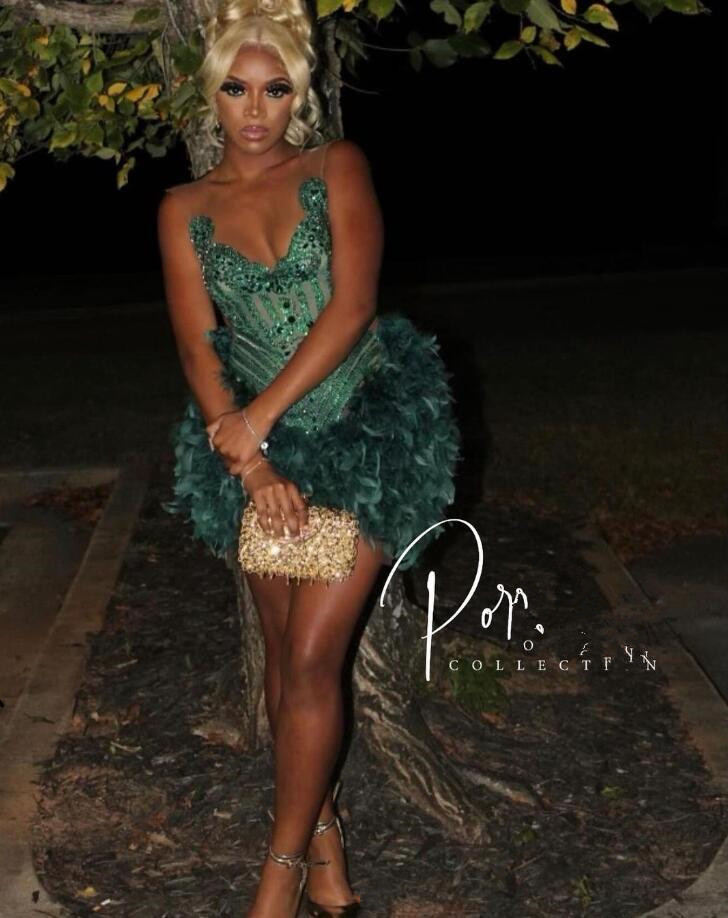Hunter Green Short Prom Party Dresses for Women Sparkly Luxury Diamond Feather Birthday Evening Gown robe cocktail femme