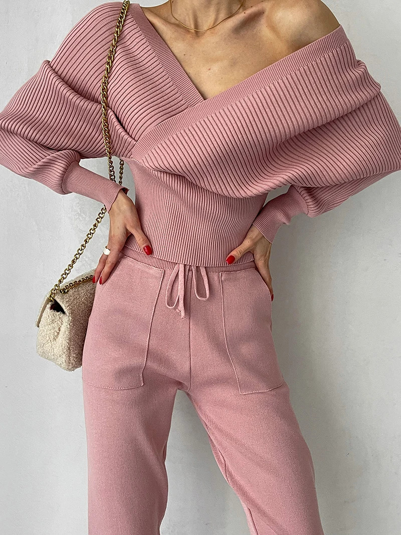 Sexy Off Shoulder Knitted Two Piece Set Women Long Sleeve Sport Tracksuit 2 Piece Sweater Pants Suits Matching Sets For Women 240131