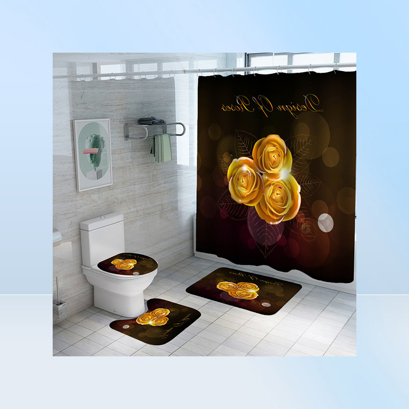 Shiny Blue Golden Rose Waterproof Shower Curtain Set Toilet Cover Mat Nonslip Bath Rugs Bathroom Valentine039s Day Christmas De6501948