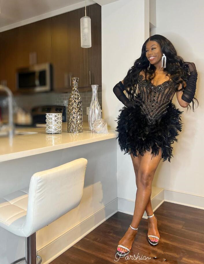 Sparkly Mini Cocktail Evening Dresses for Black Girl Luxury Diamond Crystal Ostrich Feather Birthday Prom Gown Gala