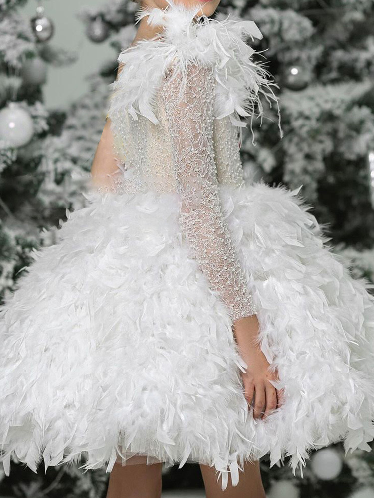 White Feather First Communion Dresses Girls 2024 Brand Infant Toddler Pageant Flower Girl Dress For Weddings And Birthday Fluffy Vestido Comunion 403