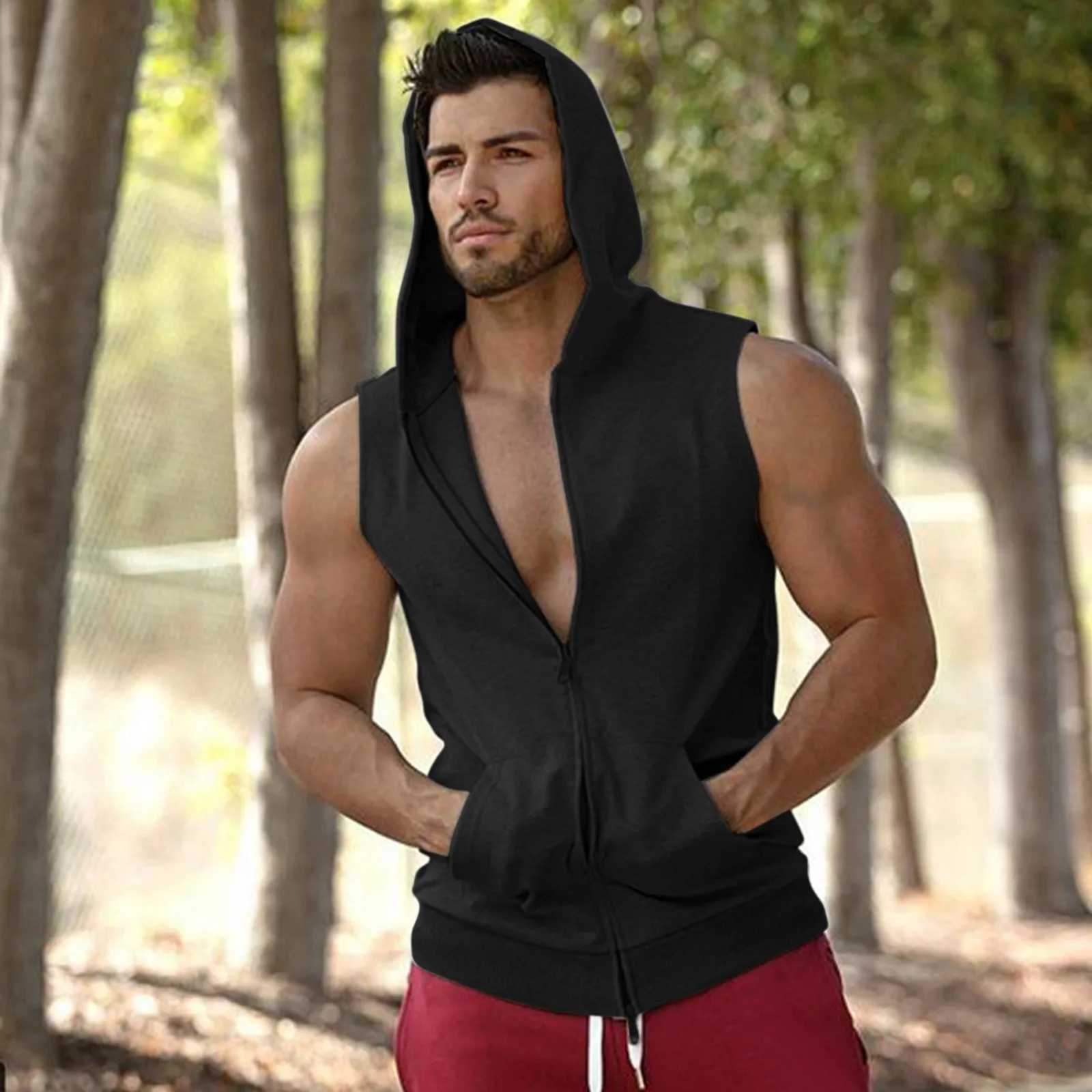 Men's Tank Tops Mens Casual Fitness Hooded Double Zipper Tank Tops Bodybuilding Gym Clothing Men Fitness Muscle Sleeveless Vest Top Ropa Hombre Y