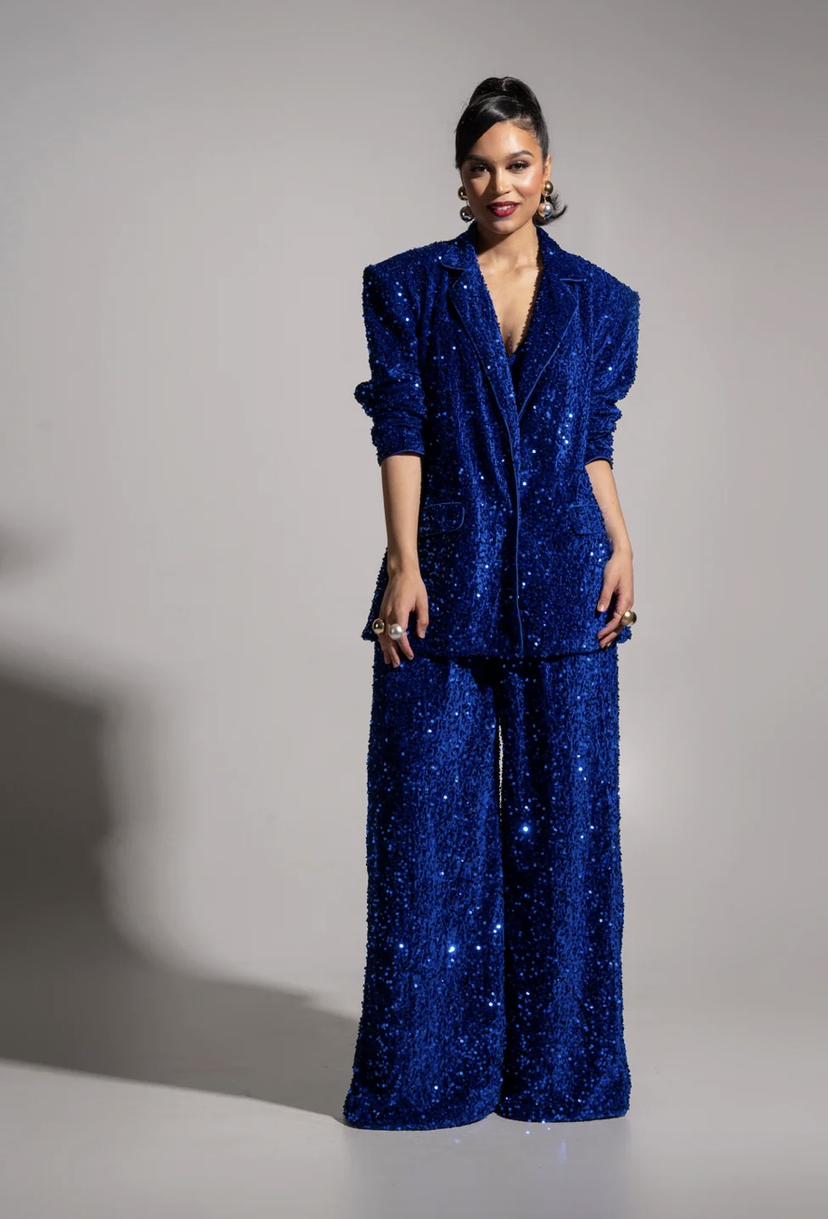 Velour Sequins Women Pants Suits Spring Royal Blue Fashion 3 Pieces Mother Of Bride Blazer Tuxedos Custom Made Wear Trousers Sets