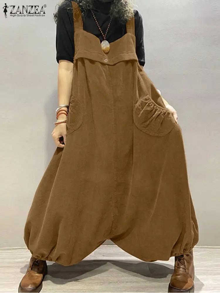 ZANZEA Women Corduroy Rompers Autumn Vintage Jumpsuits Overalls Fashion Loose Wide Leg Pants Casual Drop-Crotch Long Trousers 240129