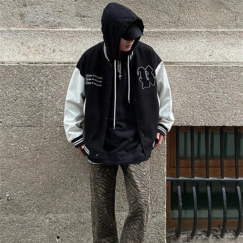 Hip Hop Baseball Bomber Jacket Men Loose Unisex College Letter Embroidery Vintage Varsity Patchwork Coat Streetwear Spring 240126