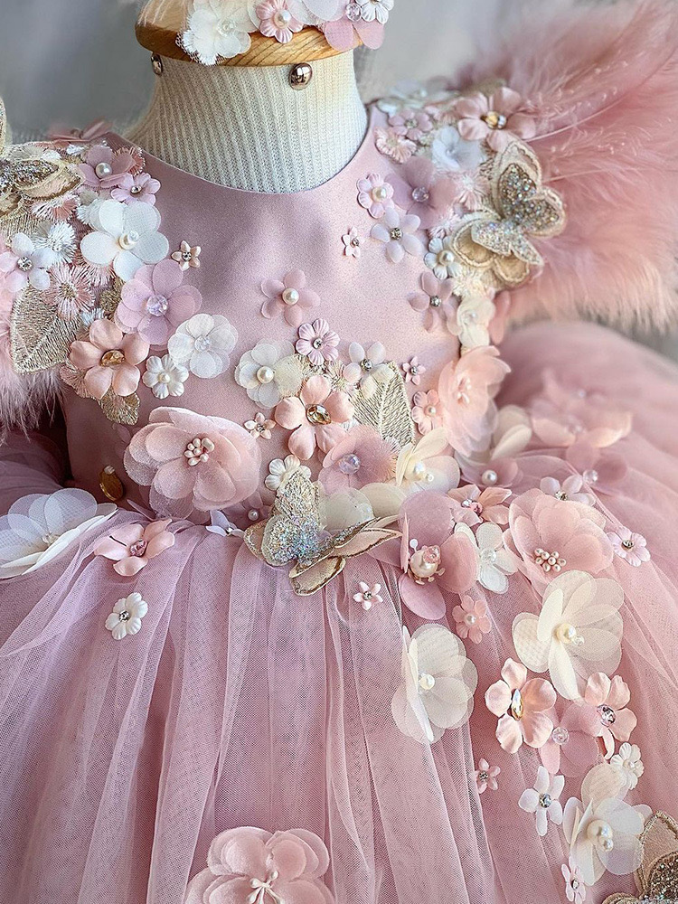 Pink Feather First Holy Communion Dresses Girls 2024 Brand Lace Infant Toddler Pageant Flower Girl Dress For Weddings 3D Flowers Tulle Puffy Birthday 