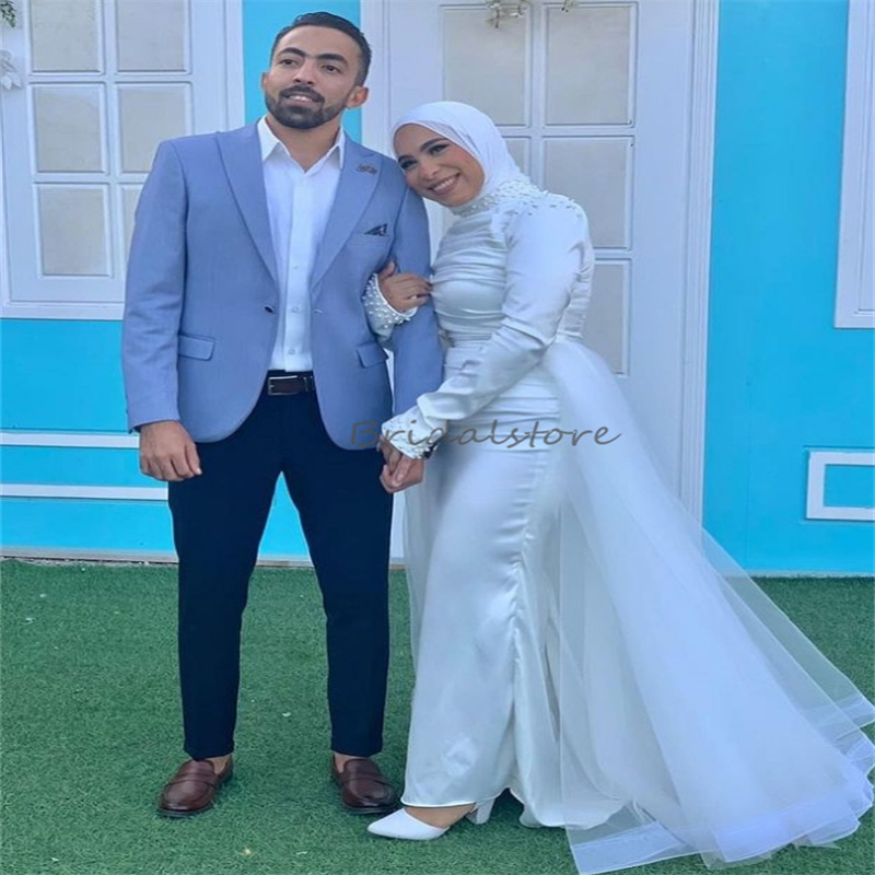 Saudi Arabic Mermaid Wedding Dress With Overskirt High Neck Muslim Dubai Pearls Bridal Gowns Long Sleeve Country Turkey Bride Rustic Islamic Robe De M