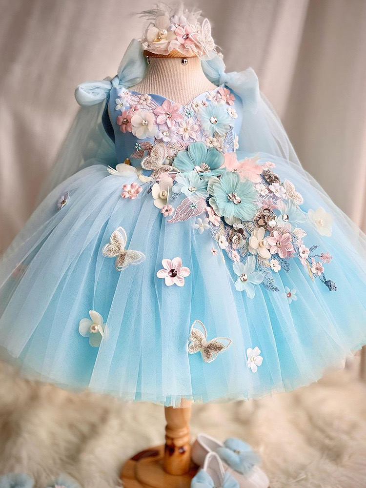 Sky Blue 2024 Flower Dresses Butterfly Puffy Girl Pageant Dress Birthday Gowns Hand Made Flowers Colorful Tiered Tulle Princess Queen Marriage Gown 40