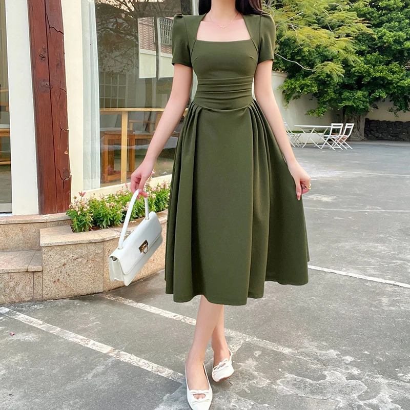 Women's Long Dresses Top Pure Color Casual Temperament Elegant Extended Vintage Tea Break Short Sleeve Long Dresses 240119