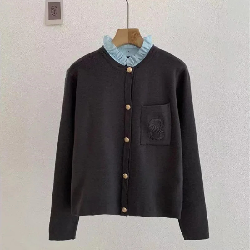 S letter embroidered knitted womens sweater cardigan Y2K detachable ruffle collar womens Sandros sweater jacket 240131