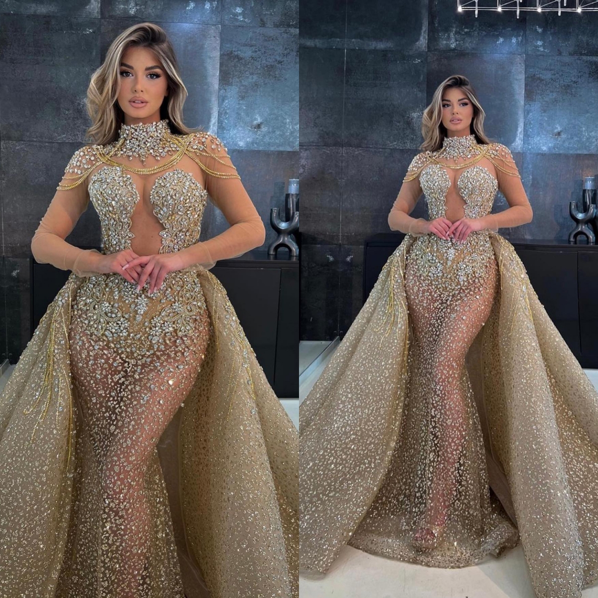 Vintage Crystal Mermaid Wedding High Collar Bridal Gowns With Overskirts See Through Beaded Tassel Custom Made Bride Dresses 0219