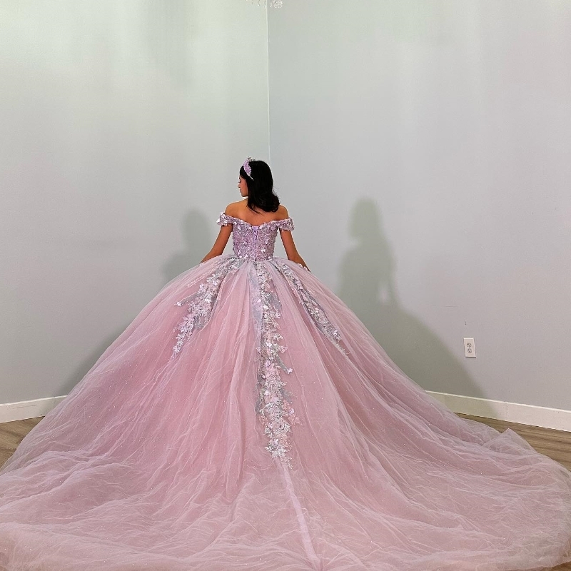 Mexico Pink Off The Shoulder Ball Gown Quinceanera Dresses Applique Lace Beads Crystal Tull Birthday Party Gowns Prom Dress Sweet 16 Vestidos De 15 An