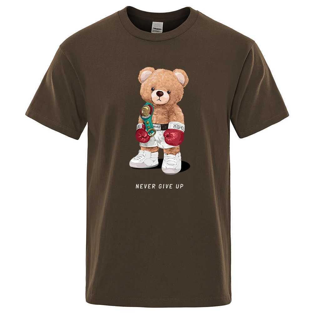 Men's T-Shirts Strong Boxer Teddy Bear Never Give Up Print Funny T-Shirt Men Cotton Casual Short Sleeves Loose Oversize S-XXXL Tee Clothing