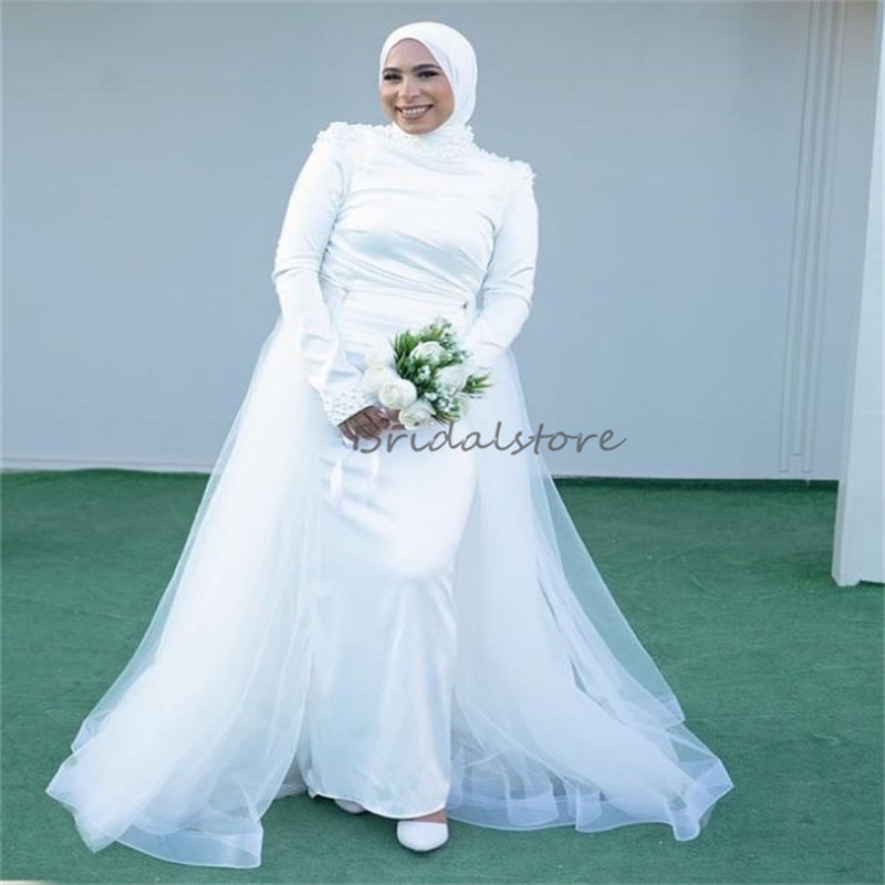 Saudi Arabic Mermaid Wedding Dress With Overskirt High Neck Muslim Dubai Pearls Bridal Gowns Long Sleeve Country Turkey Bride Rustic Islamic Robe De M