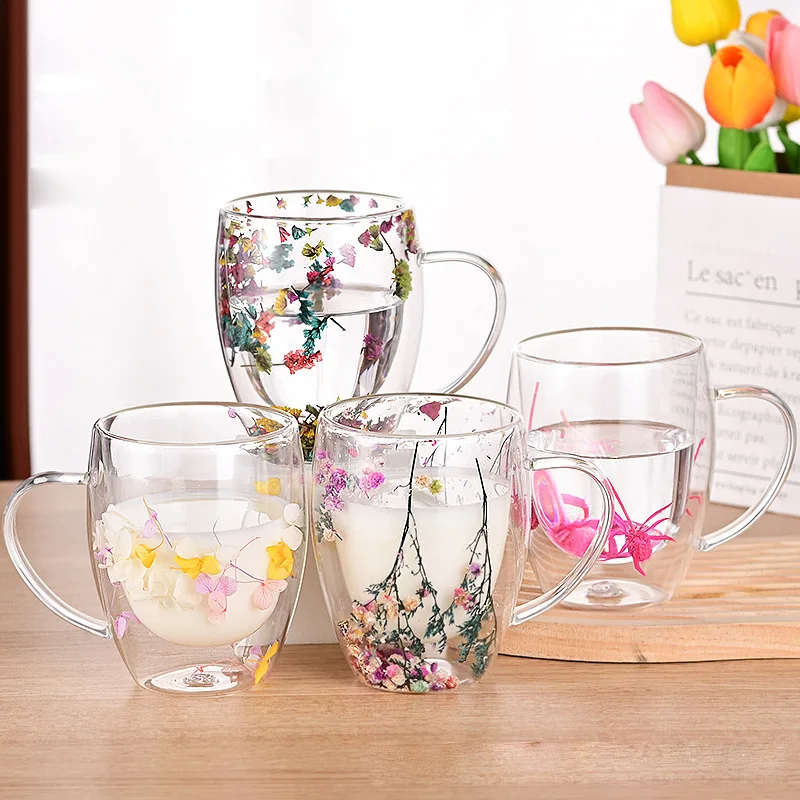 350ml Double Wall Glass Mug Cup With Dry Flower Fillings With Handles kitchen accessories WLL2148